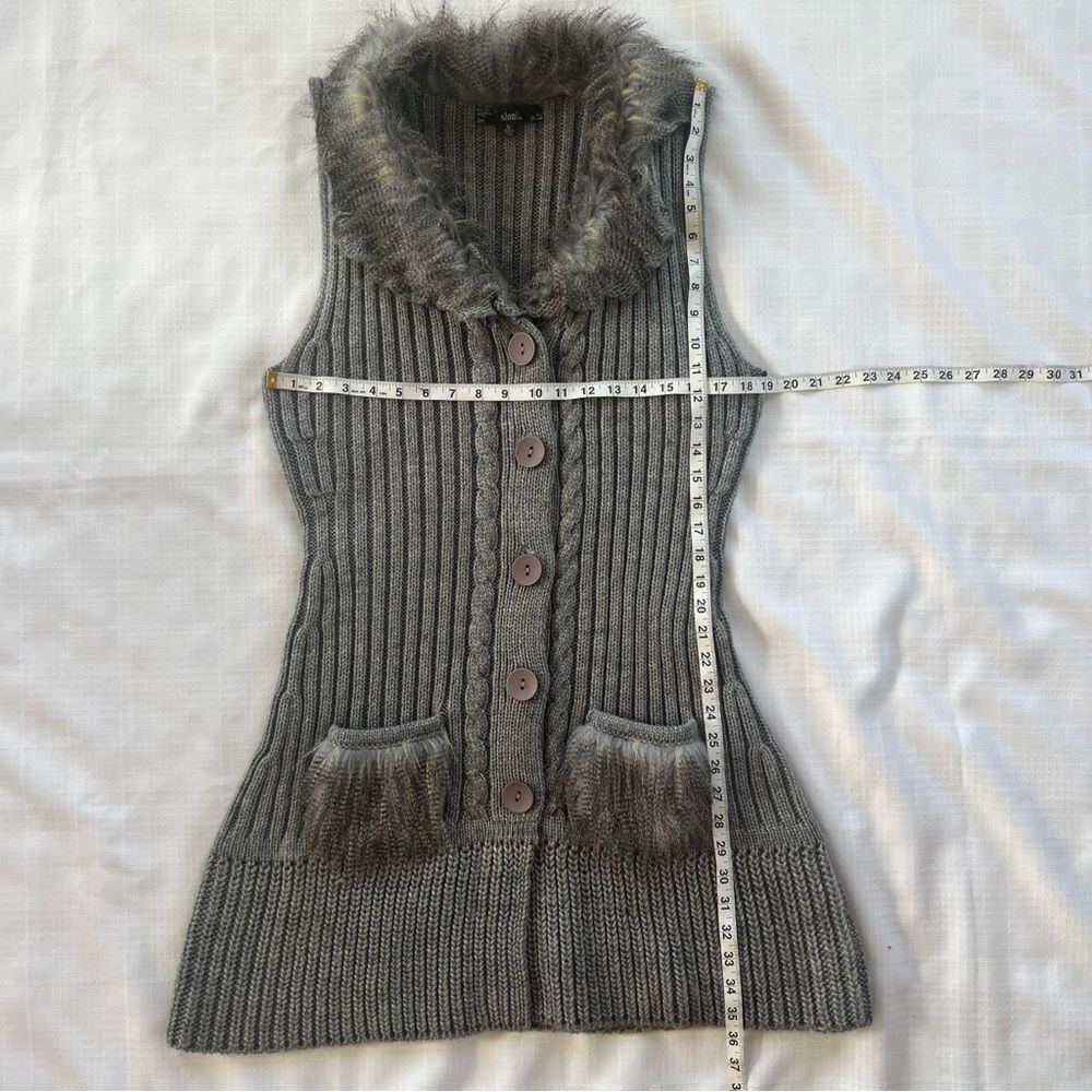 Sioni Y2K Faux Fur Cable Knit Longline Wool Blend Sweater Vest Cardigan SZ XL - Picture 11 of 16